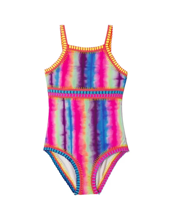 PQ Swim Kids Tie Dye Rainbow Embroidered High Neck One Piece (FINAL SALE)*Kids Kids